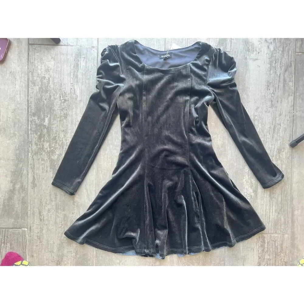 ZUNIE Kids Shirred Puff Sleeve Dress Big Girl Velvet Velour Swing Twist Gray 7